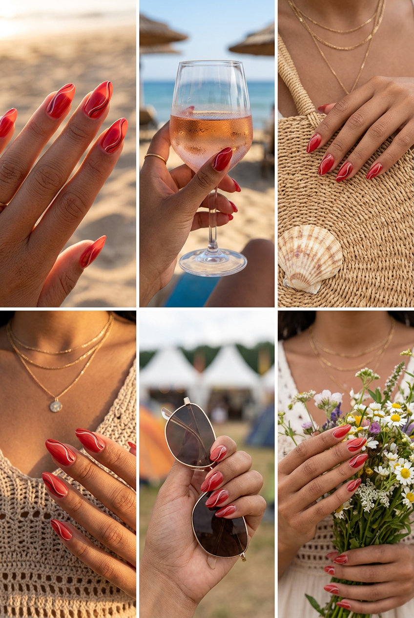 Barely-There Red Swirls for summer red nails 2026. Bohemian artistic casual outfit.