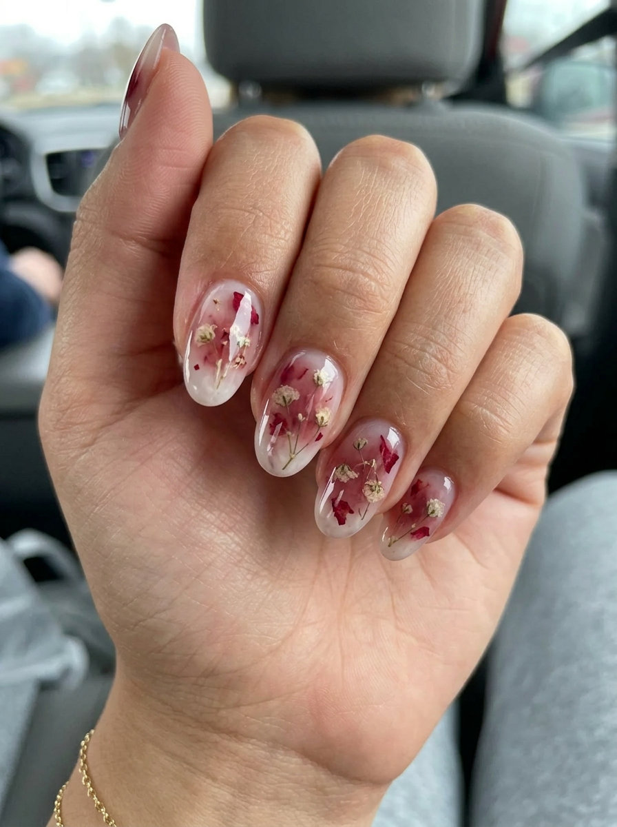Romantic berry milk bath nails for summer red nails 2026 wedding guest outfits.