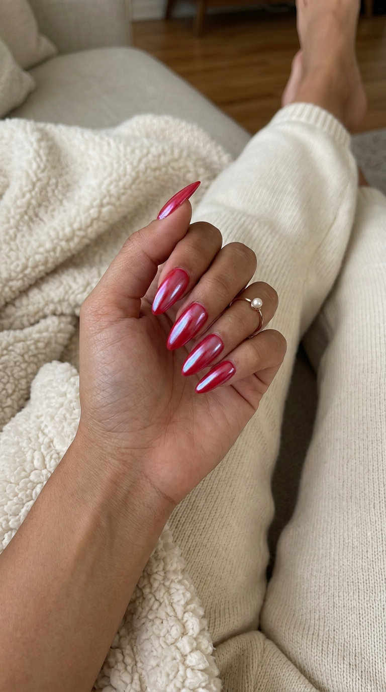 Trendy cherry red glazed donut nails for summer red nails 2026 vacation outfits.