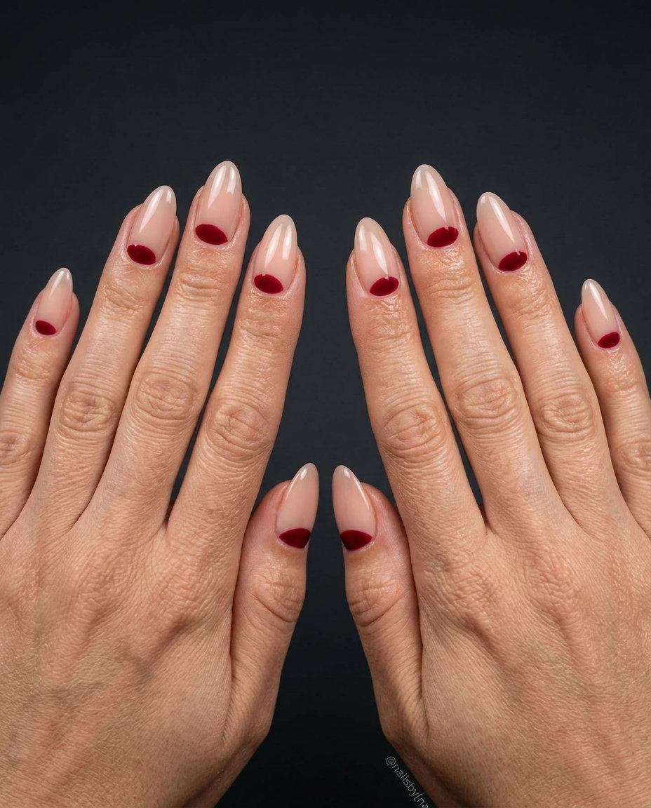 Cherry Red Moon Manicure for summer red nails 2026. Retro, playful chic outfit idea.