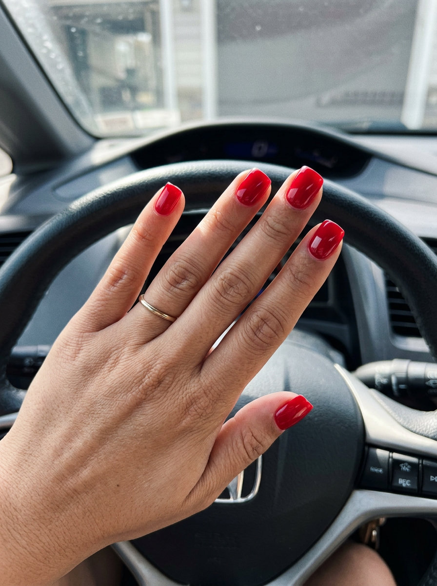 Classic True Red Glossy Square nails for summer red nails 2026. Polished professional outfit.
