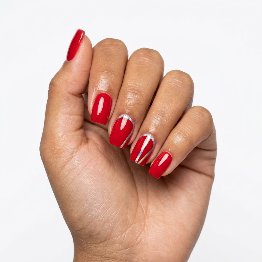 Chic red and holographic chrome nails for summer red nails 2026 date night outfits.