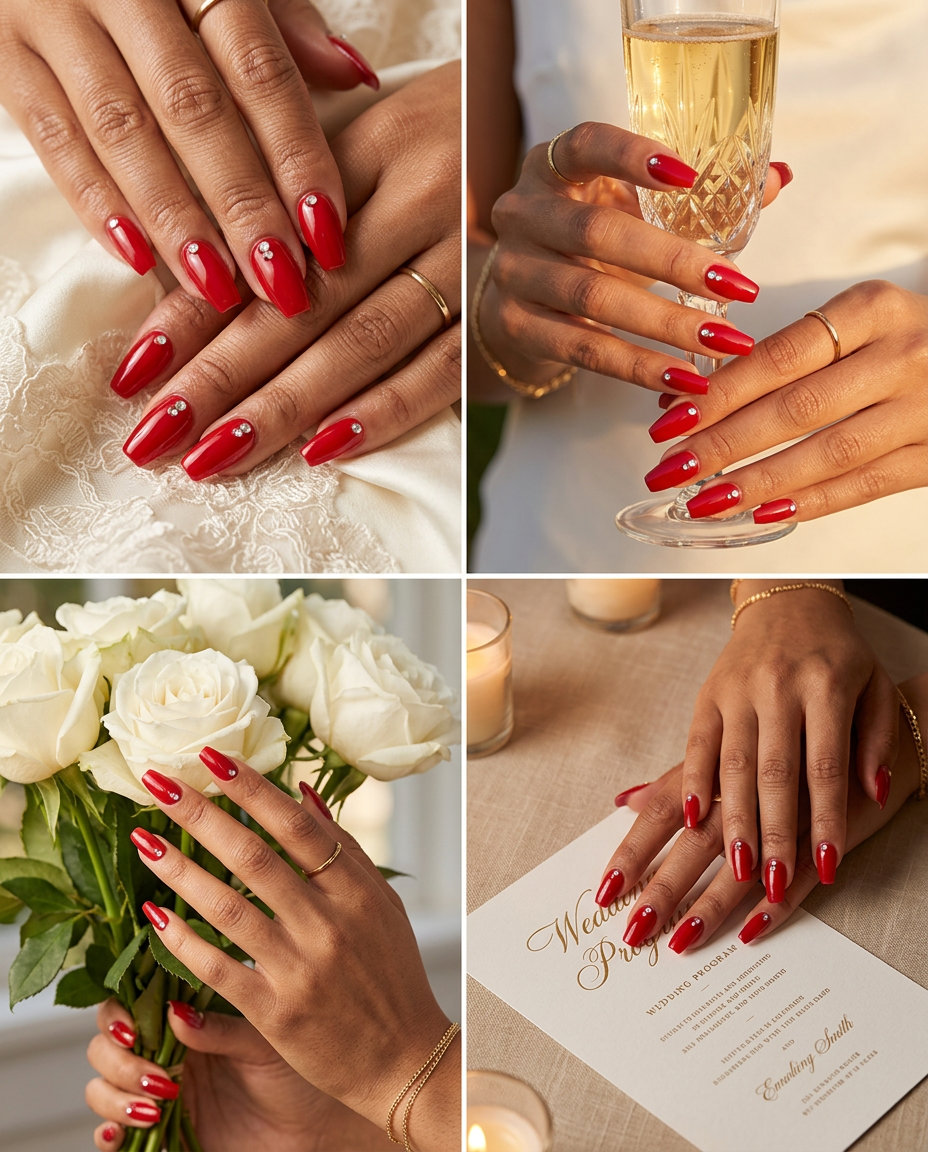 Glamorous summer red nails 2026 with crystal accents for date night and evening events.