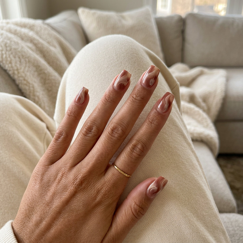 Sophisticated red-brown marble nails for summer red nails 2026 business casual looks.
