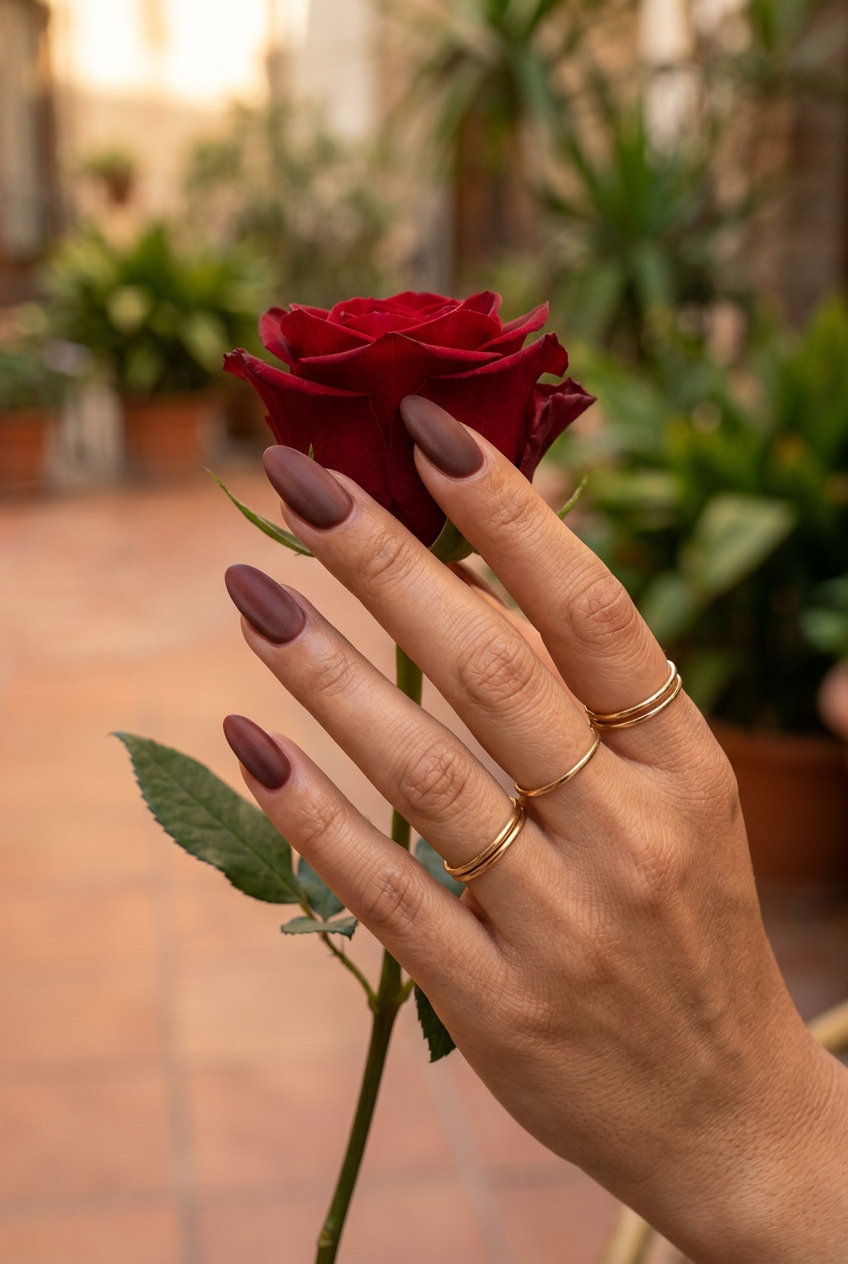Earthy Velvet Red nails for summer red nails 2026. Sophisticated grounded casual outfit.