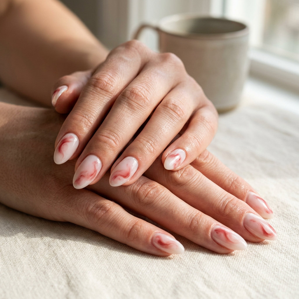Whimsical milky red swirl nails for summer red nails 2026 casual outfits.