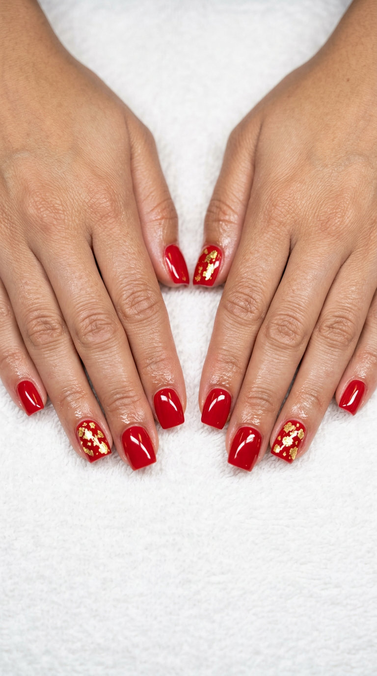 Scarlet Gold Flake nails for summer red nails 2026. Luxurious cocktail party outfit.