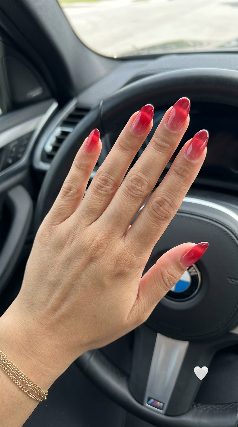Romantic summer red nails 2026: sheer gradient ombre for weddings and bridal manicures.
