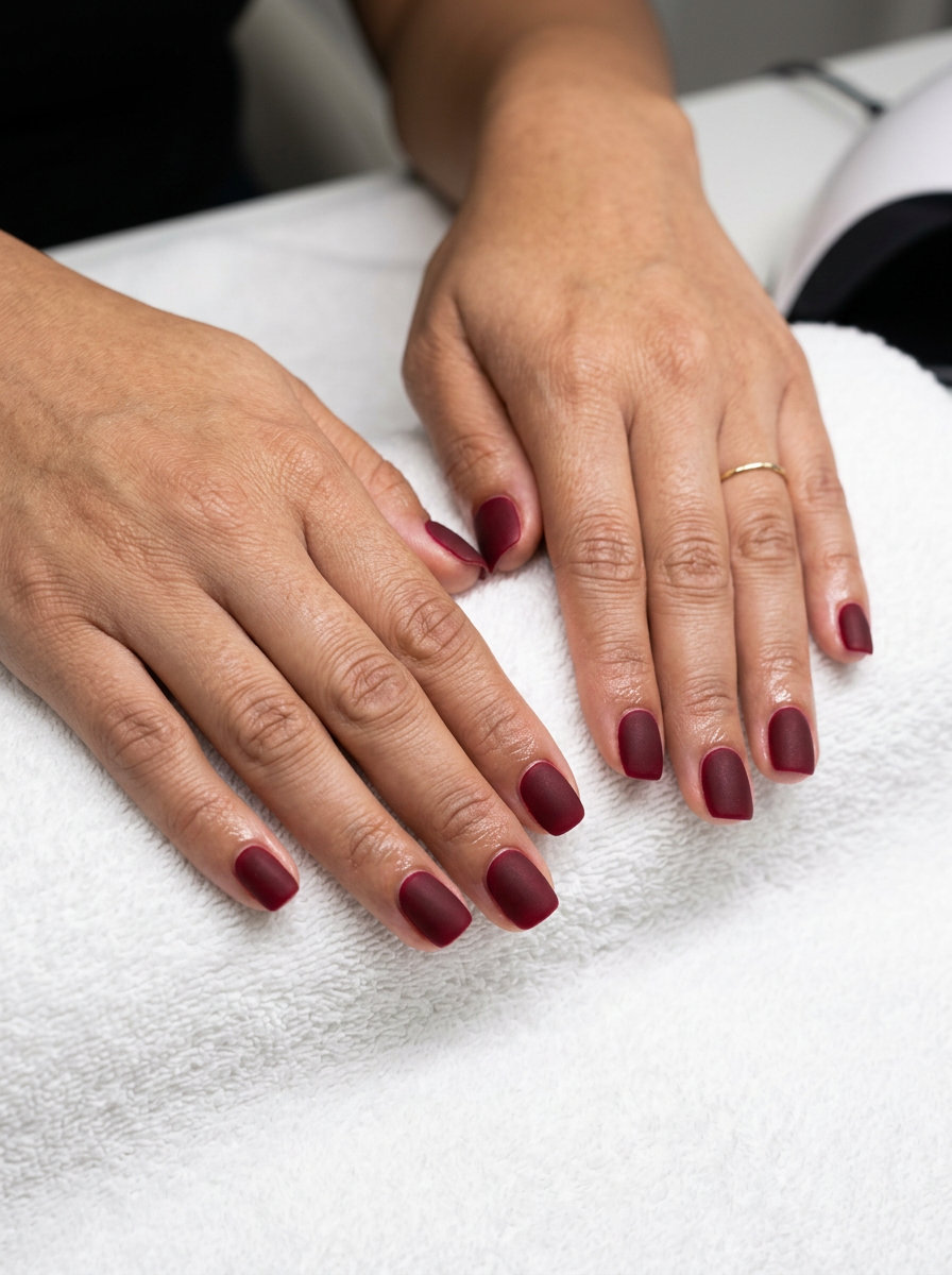 Sultry velvet burgundy matte nails for summer red nails 2026 evening outfits.