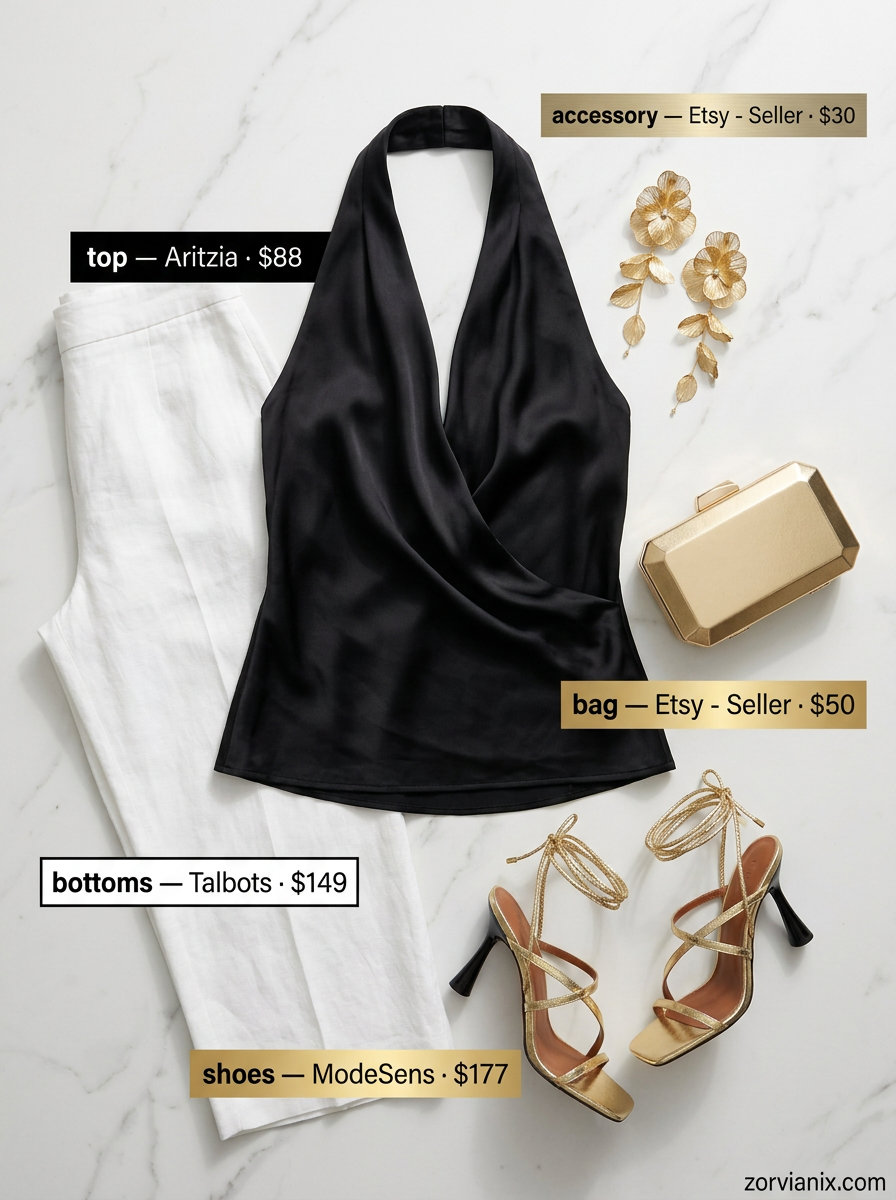 Black silk halter top with white linen pants for elegant summer outfits for women 2026. Cocktail party.