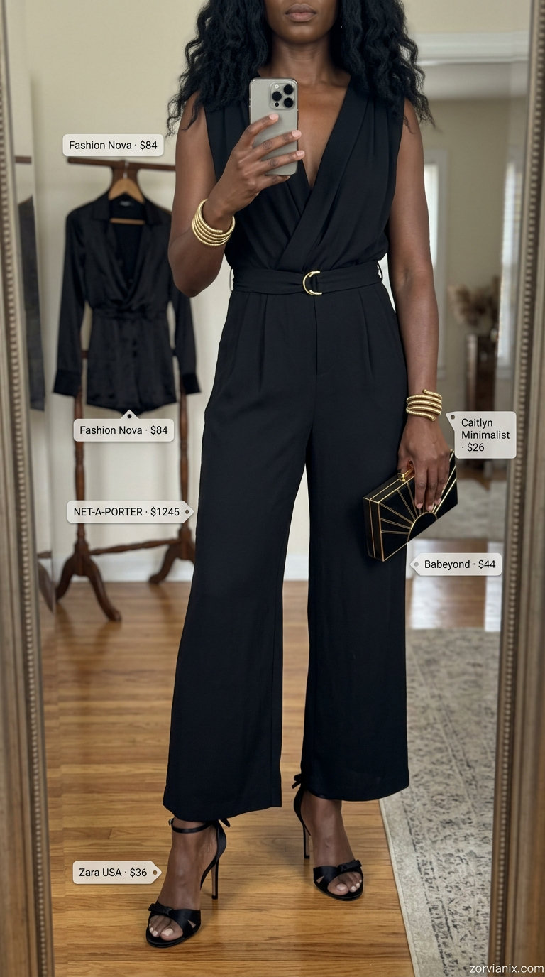 Black silk jumpsuit for chic summer outfits for women 2026. Evening event.