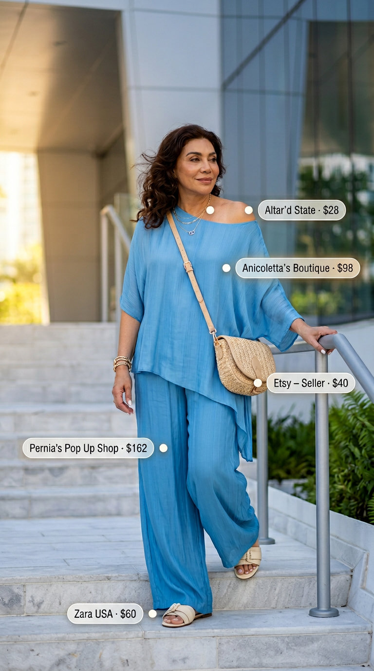 Cerulean blue silk matching set with white sandals and straw bag for vacation summer outfits 2026.