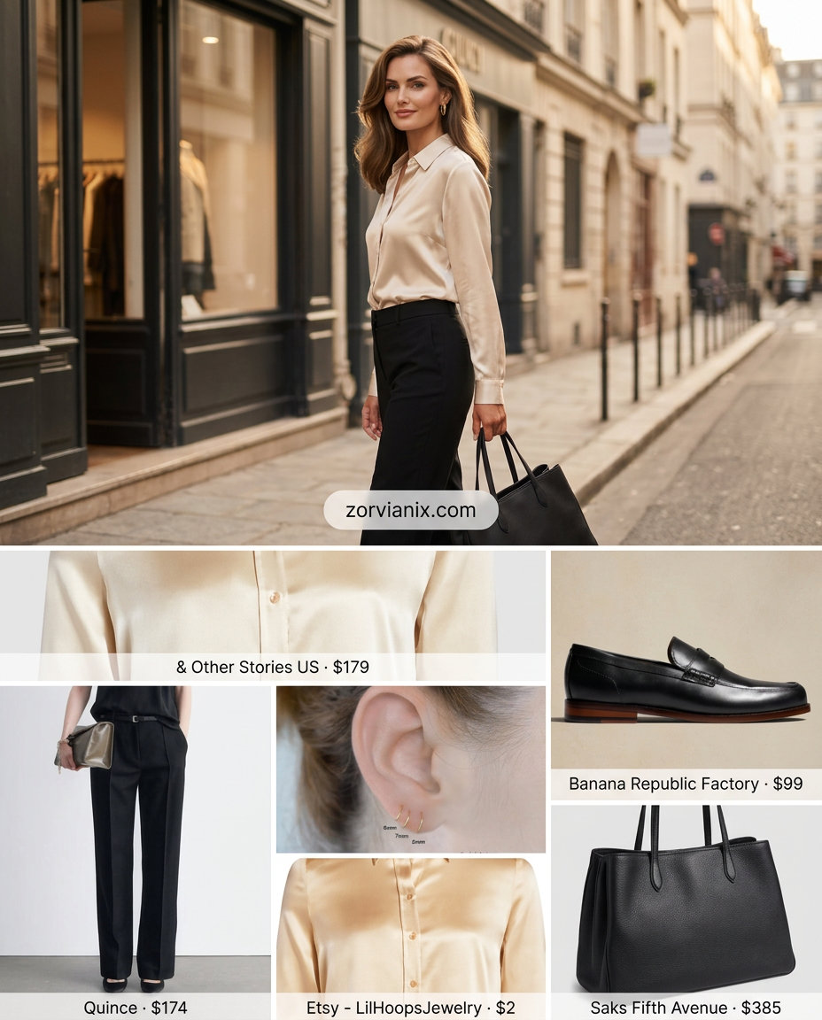 Sophisticated Summer Silk Outfits for Women 2026: Champagne silk blouse & black trousers for business casual.