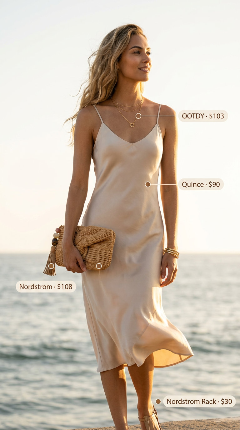 Champagne silk slip dress for effortless summer outfits for women 2026. Beachside dinner.