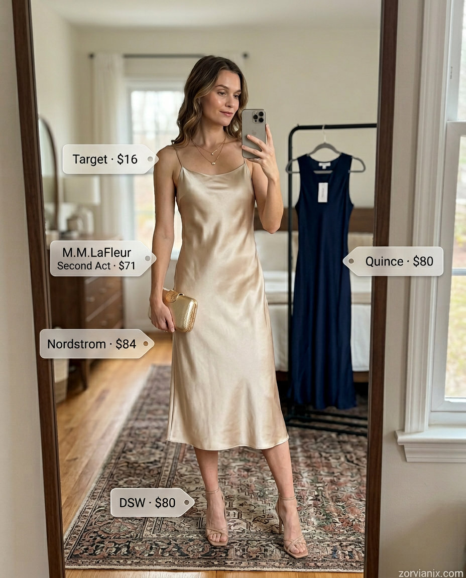 Elegant Summer Silk Outfits for Women 2026: Champagne slip dress with gold accents for evening.