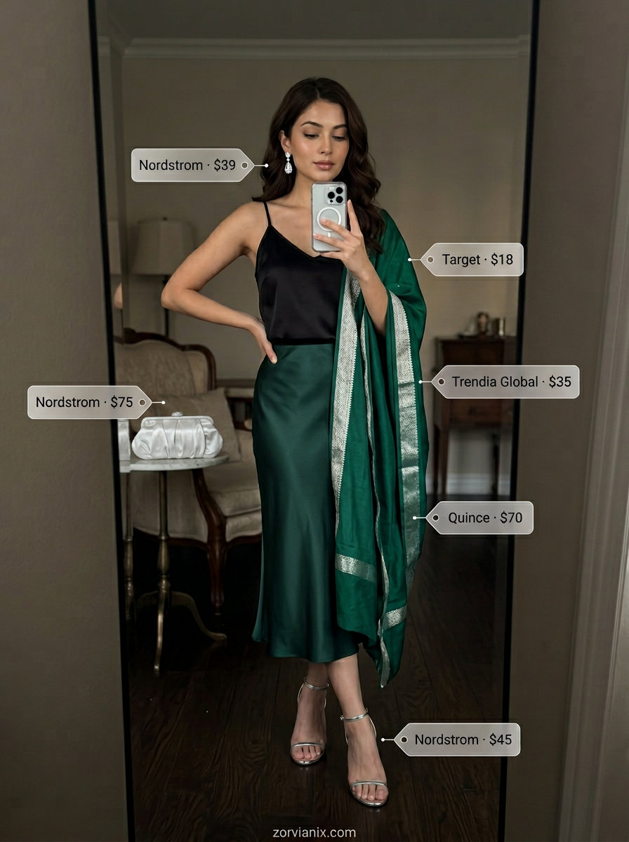 Emerald green silk skirt with black camisole for glamorous summer outfits for women 2026. Cocktail party.