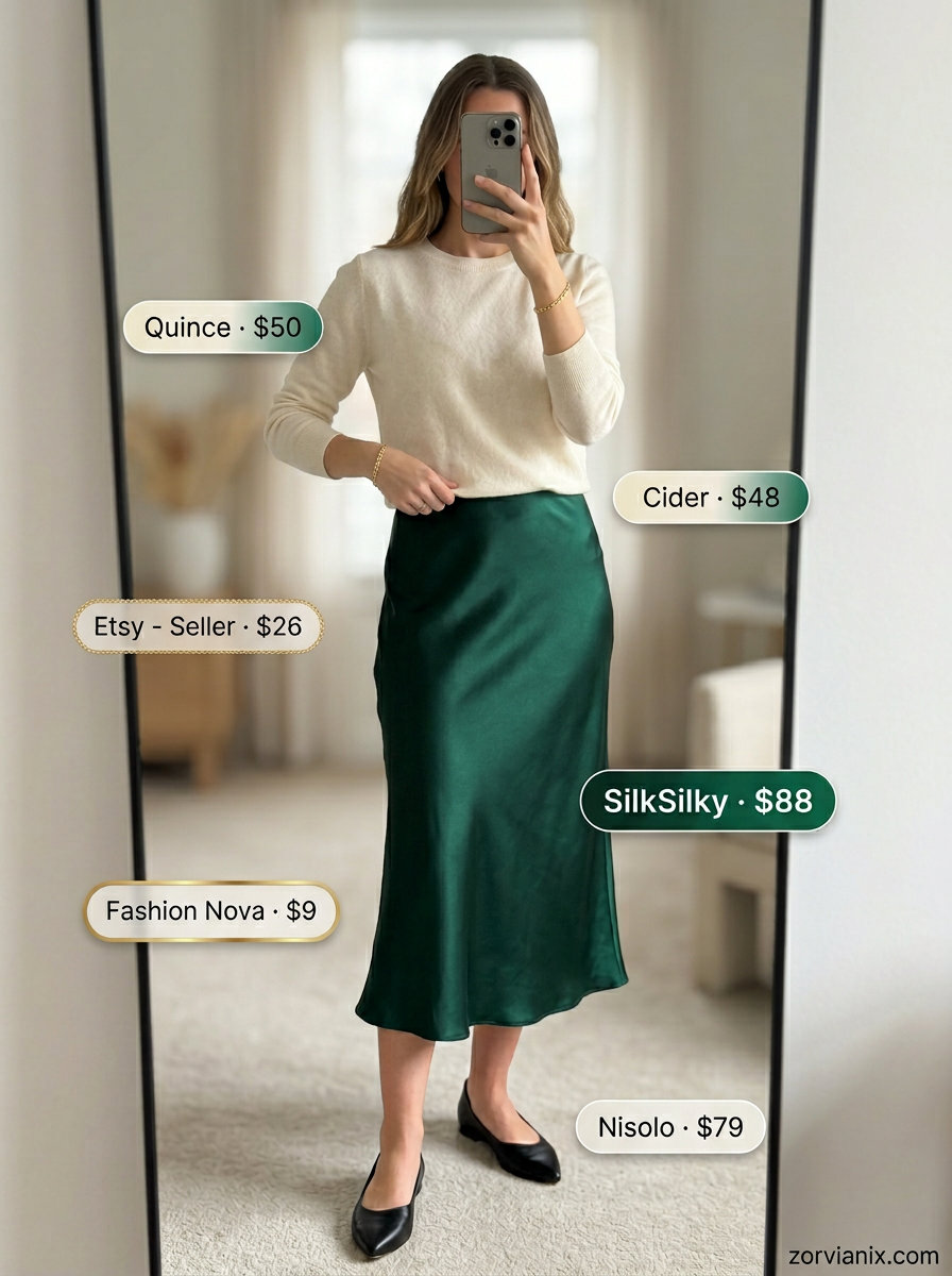 Emerald green silk skirt with cream sweater for chic summer outfits for women 2026. Smart casual.