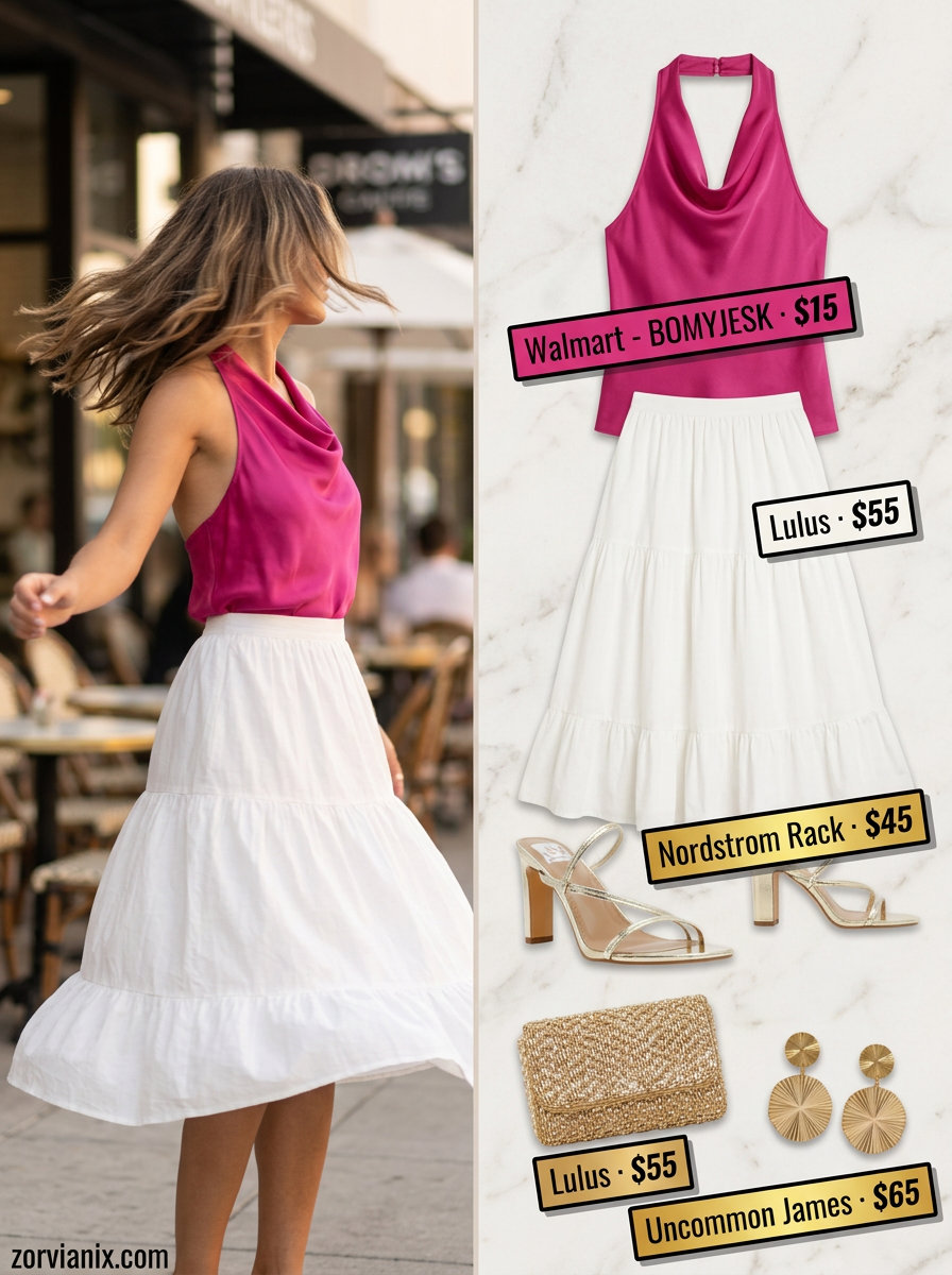 Festive Summer Silk Outfits for Women 2026: Fuchsia silk halter top & ivory skirt for events.