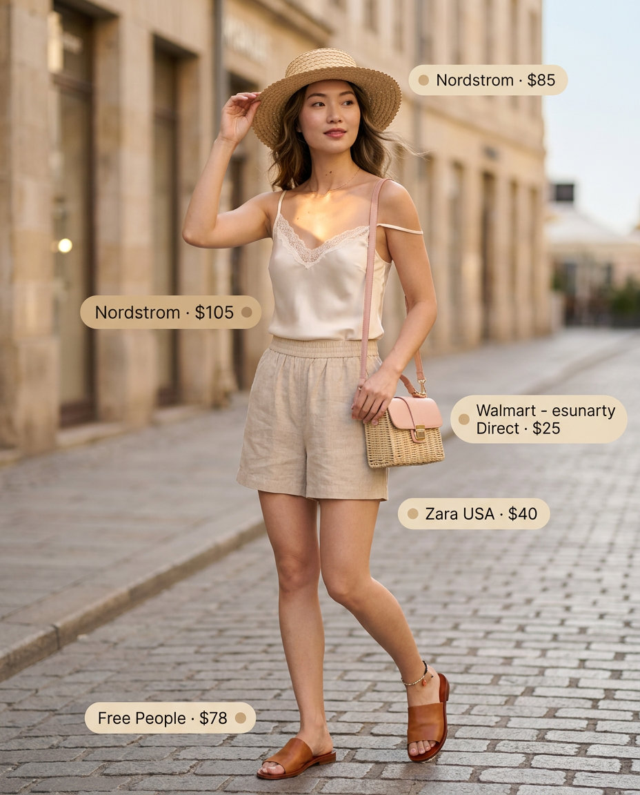 Beige linen shorts with cream silk cami and straw hat for casual summer outfits 2026.