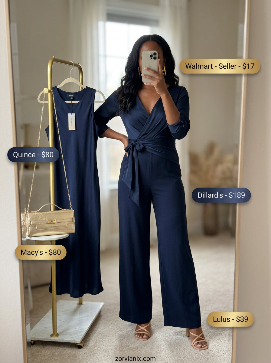 Deep navy silk wide-leg jumpsuit with gold earrings and nude sandals for summer evening 2026.