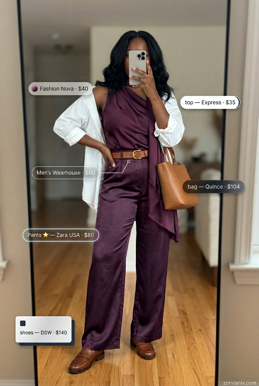 Navy silk trousers with white shirt for polished summer outfits for women 2026. Business casual.