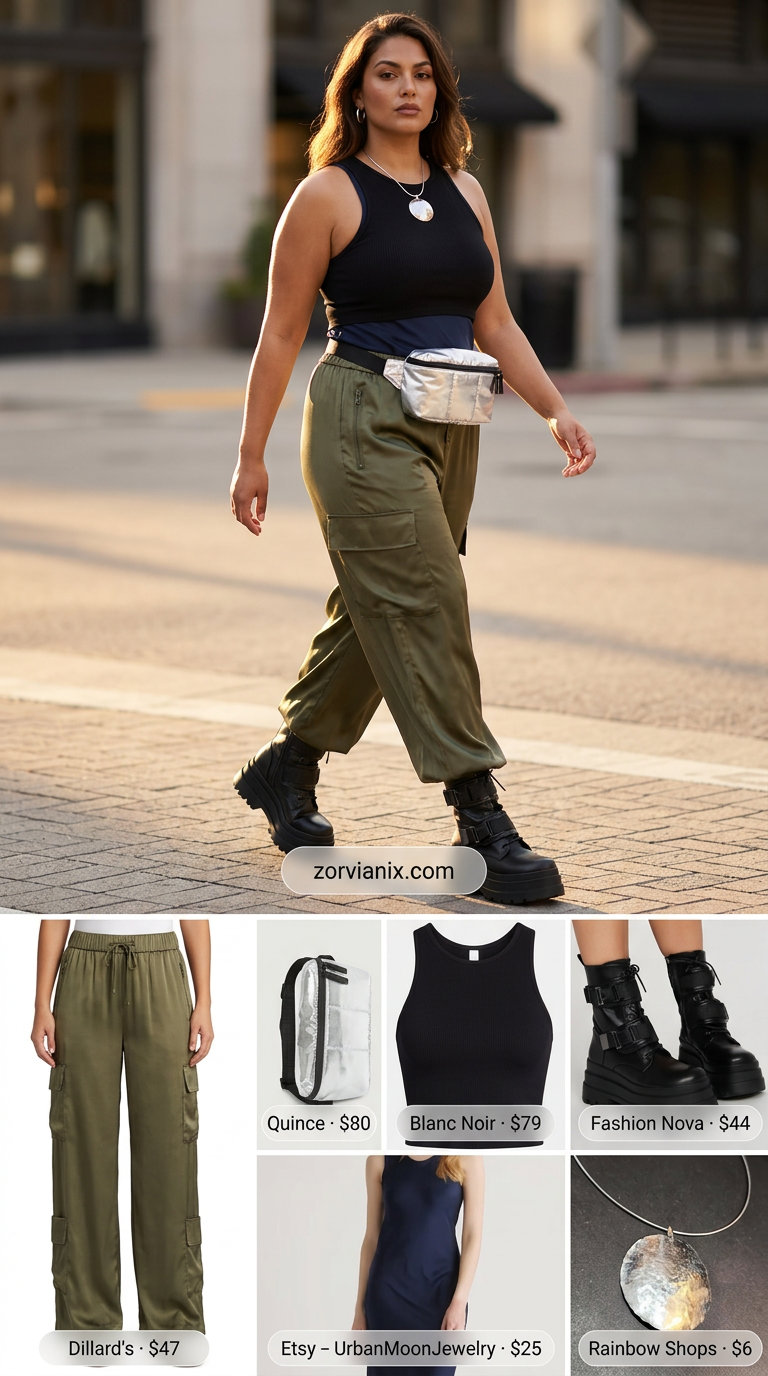 Olive green silk cargo pants with black crop top and platform boots for trendy summer outfits 2026.