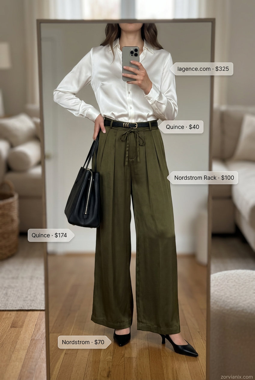 Olive green silk wide-leg pants with white button-down and black heels for office summer outfits 2026.