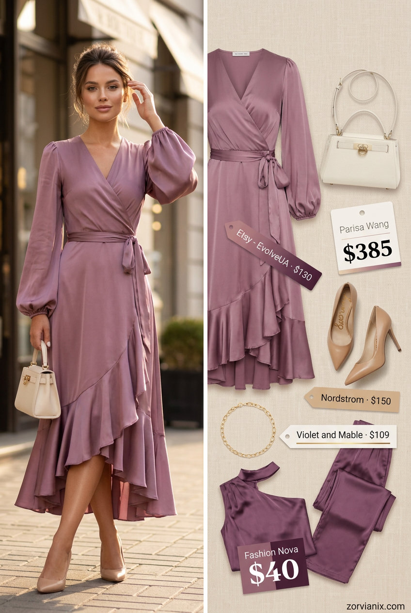 Dusty rose pink silk wrap dress with cream bag and nude heels for summer wedding guest 2026.