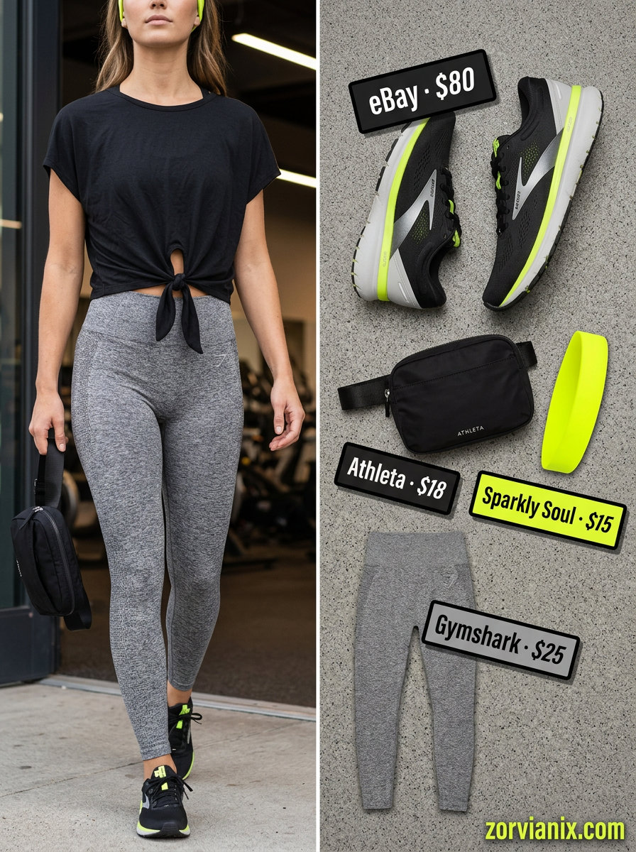 Summer tied up shirt outfits for women 2026: Black cropped performance tee with tie, grey leggings, neon sneakers for gym.