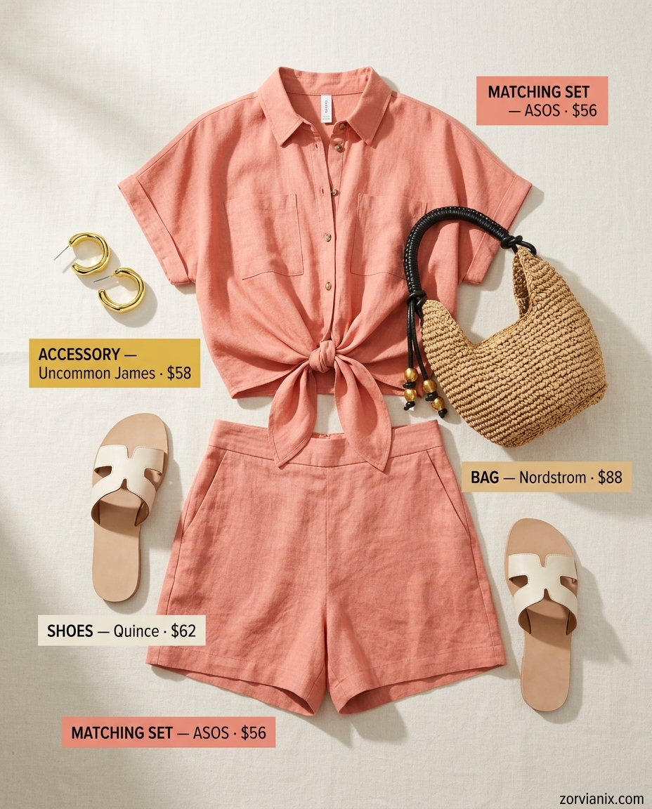 Summer tied up shirt outfits for women 2026: Coral linen tie-front shirt and shorts set, leather slides, and straw bag.