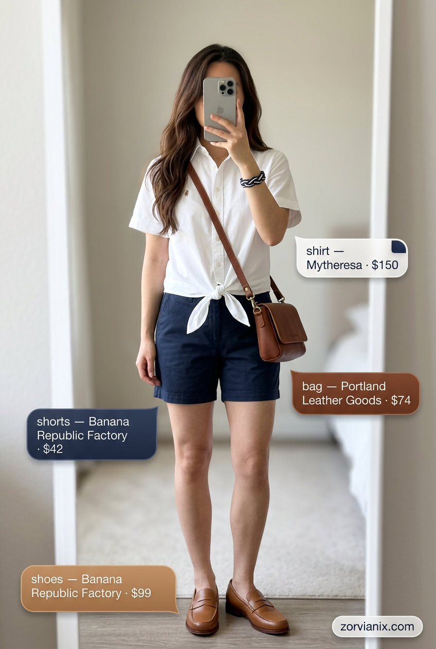 Summer tied up shirt outfits for women 2026: White cropped polo shirt, navy shorts, loafers, crossbody bag for preppy look.