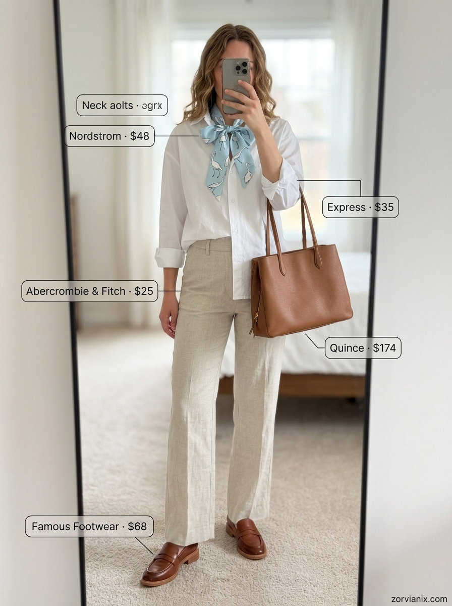Summer tied up shirt outfits for women 2026: Polished linen pants and oversized shirt for brunch, with loafers and tote.