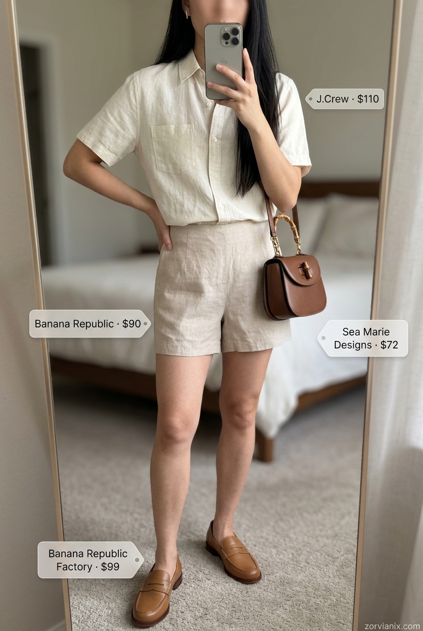 Chic minimalist linen set outfit for women 2026. Cream linen shorts, tied linen shirt, leather loafers, wood accent bag.