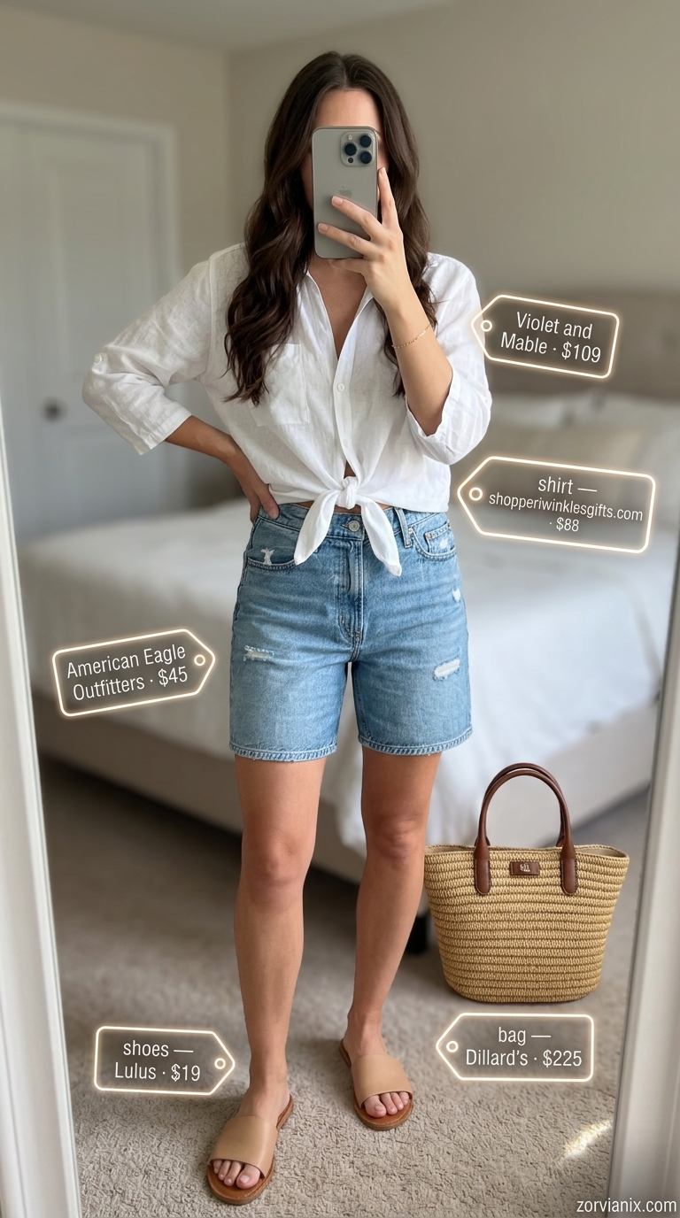 Coastal breeze tie-up top outfit for women 2026. White linen tie-up shirt, denim shorts, straw tote, flat sandals.