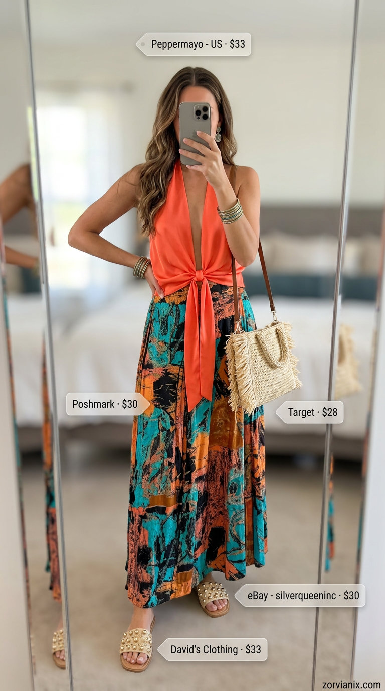 Summer tied up shirt outfits for women 2026: Fiesta halter top with maxi skirt, embellished sandals, and woven bag.