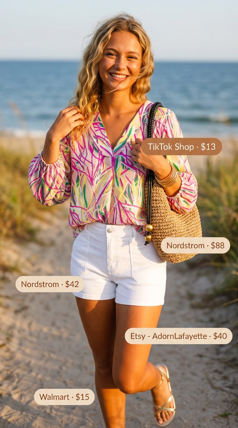 Summer tied up shirt outfits for women 2026: Playful resort shirt tied at waist with white denim shorts and gold sandals.