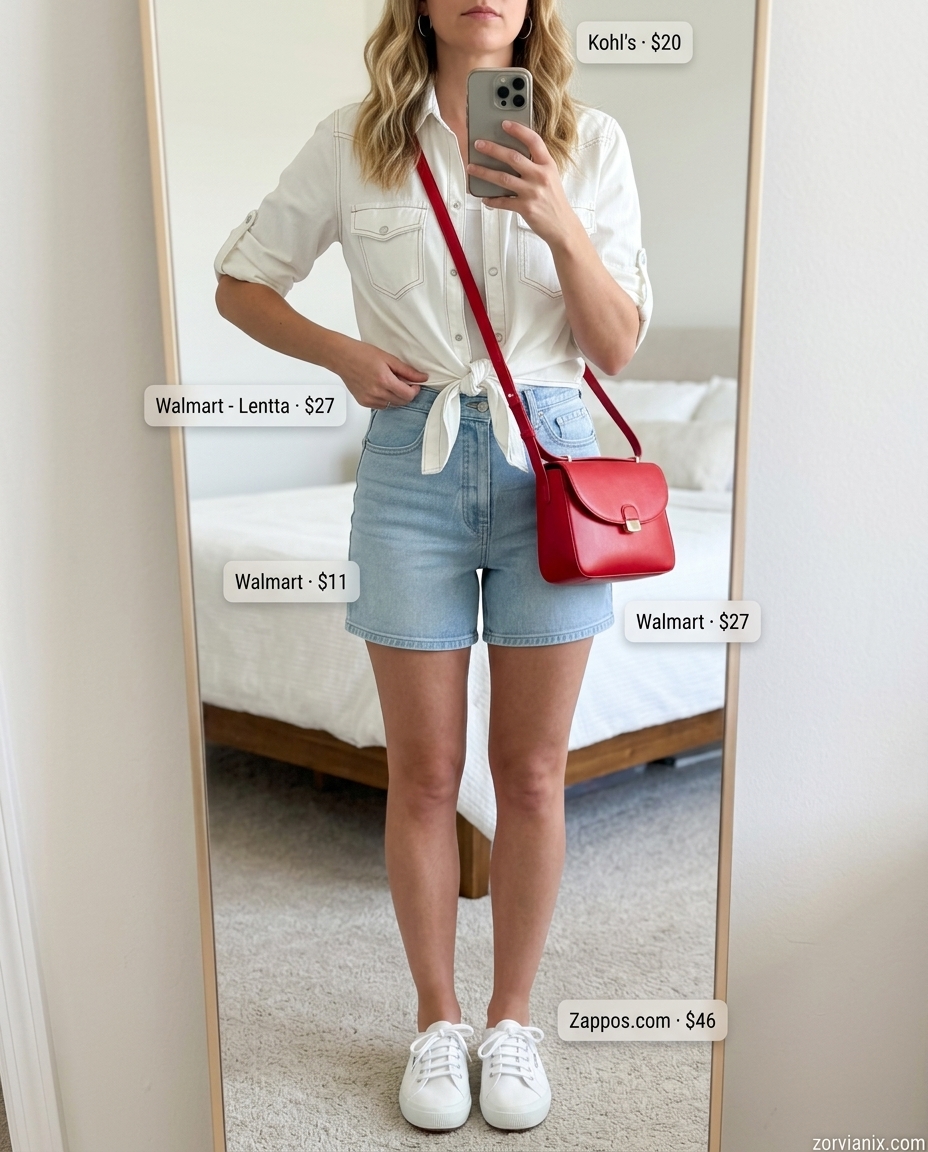 Retro denim tie-up shirt outfit for women 2026. Light wash denim shirt tied, denim shorts, white sneakers, red crossbody.