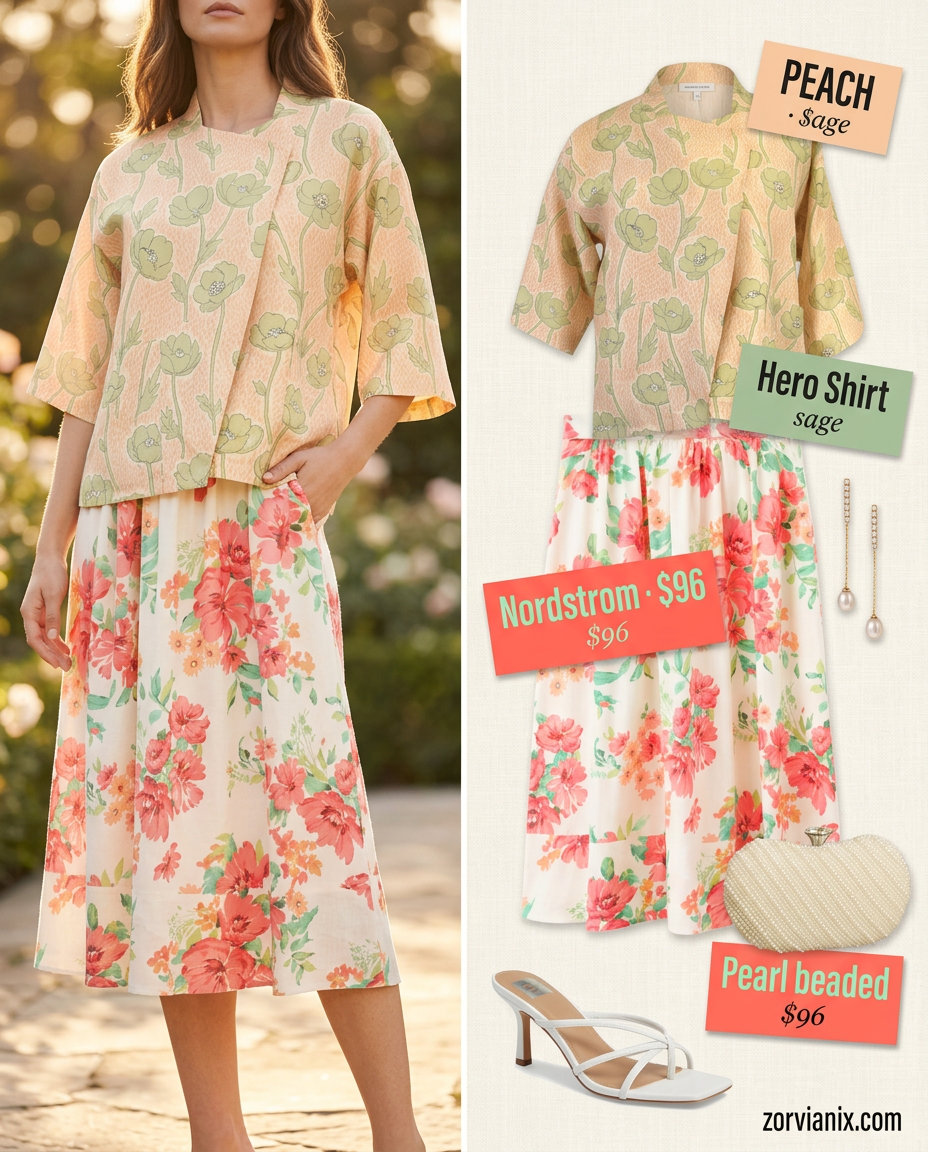 Romantic floral wrap top outfit for women 2026. Floral wrap top, midi skirt, heeled sandals, pearl drop earrings.