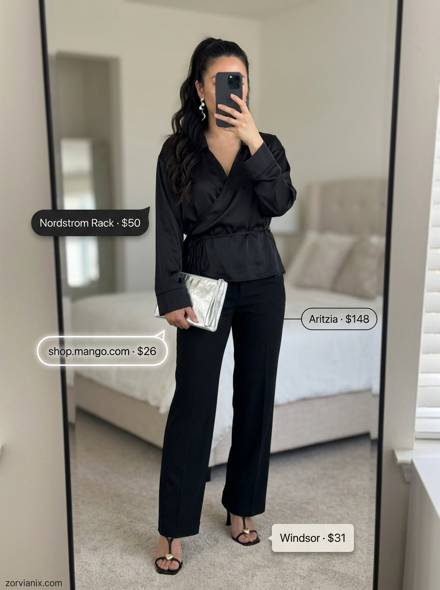 Sultry evening tie-up shirt outfit for women 2026. Black silk wrap top, tailored trousers, stiletto heels, silver clutch.