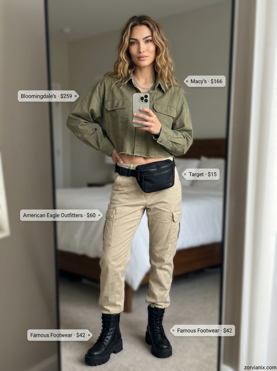 Urban Explorer utility tie-up shirt outfit for women 2026. Olive green shirt, khaki cargo pants, black belt bag, combat boots.