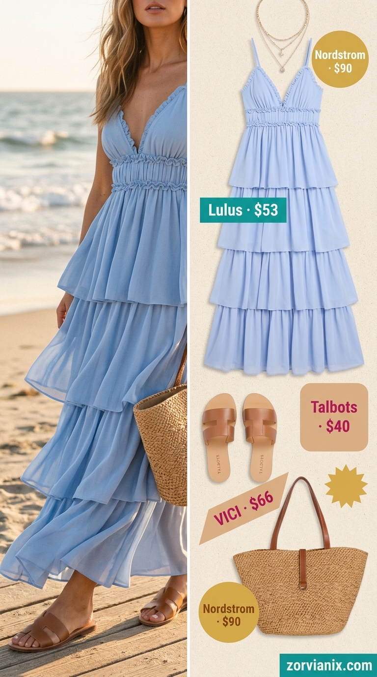 Summer Tiered Dress Outfits for Women 2026: Sky blue tiered maxi dress, tan slides, straw tote, gold necklaces for beach.