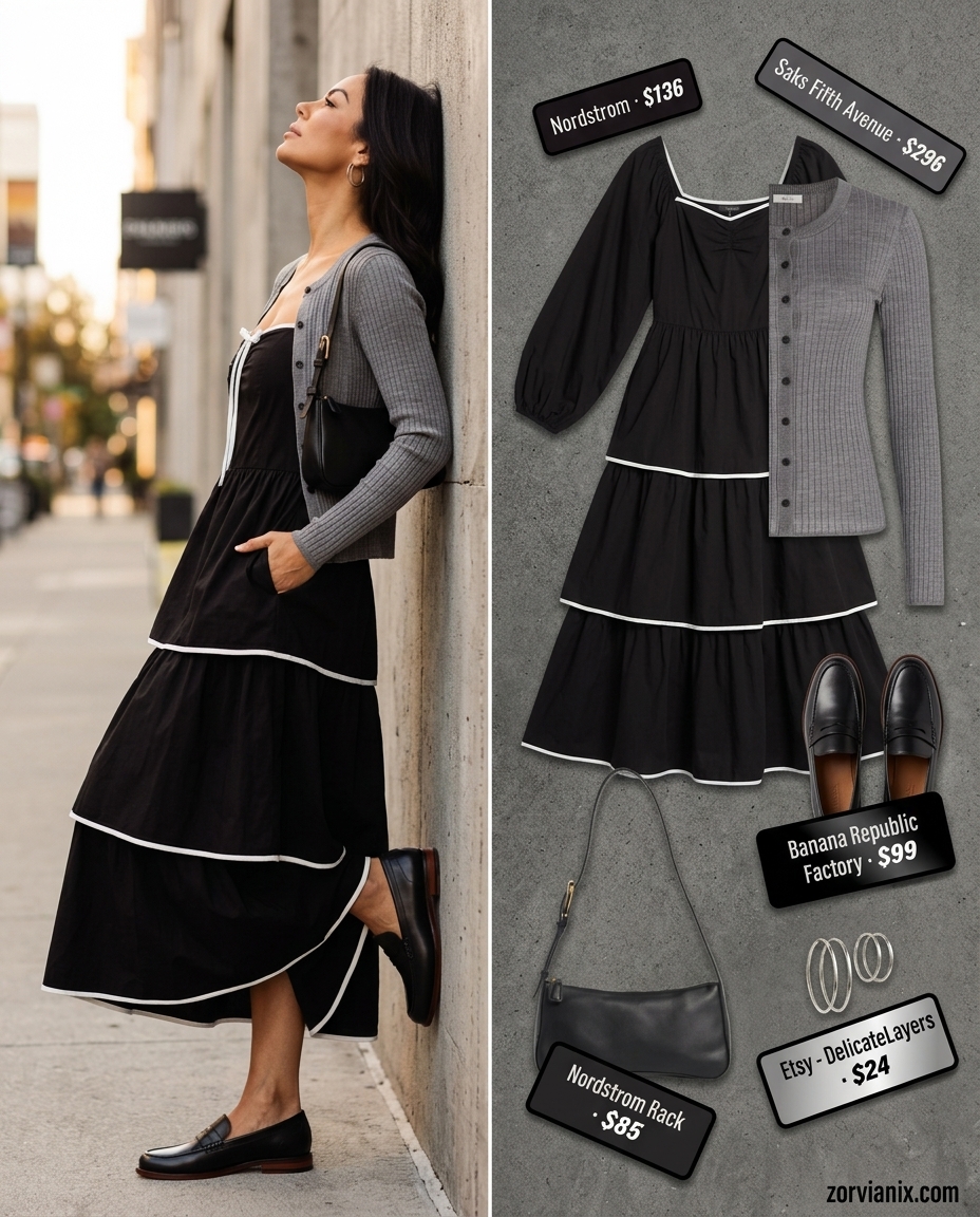 Summer Tiered Dress Outfits for Women 2026: Black knit midi dress, grey cardigan, loafers, silver hoops for everyday chic.