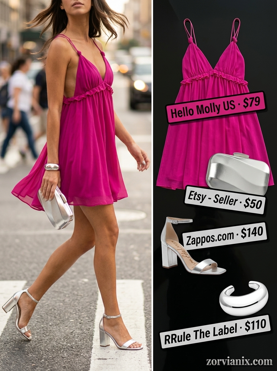 Summer Tiered Dress Outfits for Women 2026: Magenta mini dress, silver cuff, metallic heels, box clutch for festive party.