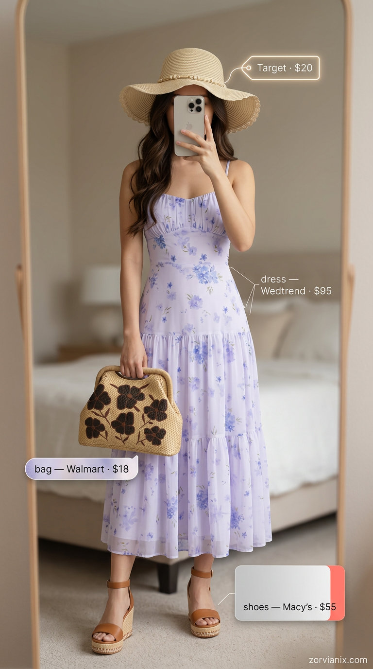 Summer Tiered Dress Outfits for Women 2026: Lavender floral midi dress, straw hat, wedge espadrilles, straw clutch for garden party.