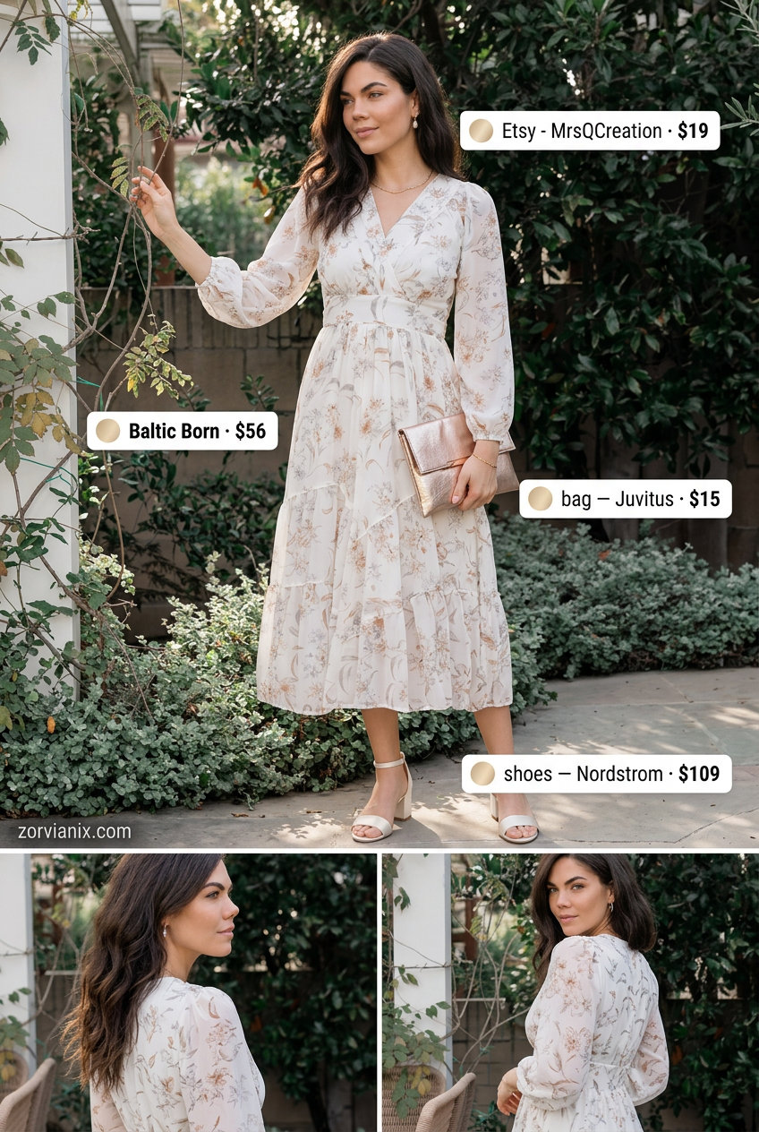 Summer Tiered Dress Outfits for Women 2026: Pastel floral midi dress, ivory sandals, pearl earrings, rose gold clutch for garden party.