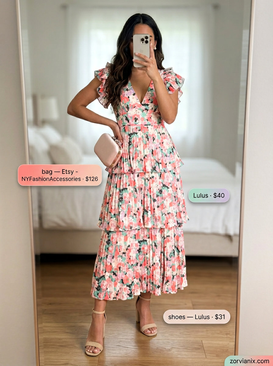 Summer Tiered Dress Outfits for Women 2026: Pastel floral midi dress, suede heels, clutch, pearl earrings for garden party.