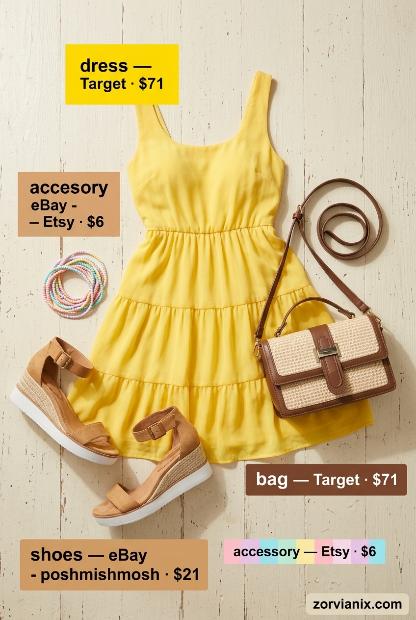 Summer Tiered Dress Outfits for Women 2026: Sunflower yellow mini dress, straw crossbody, espadrilles, beaded bracelets for festivals.