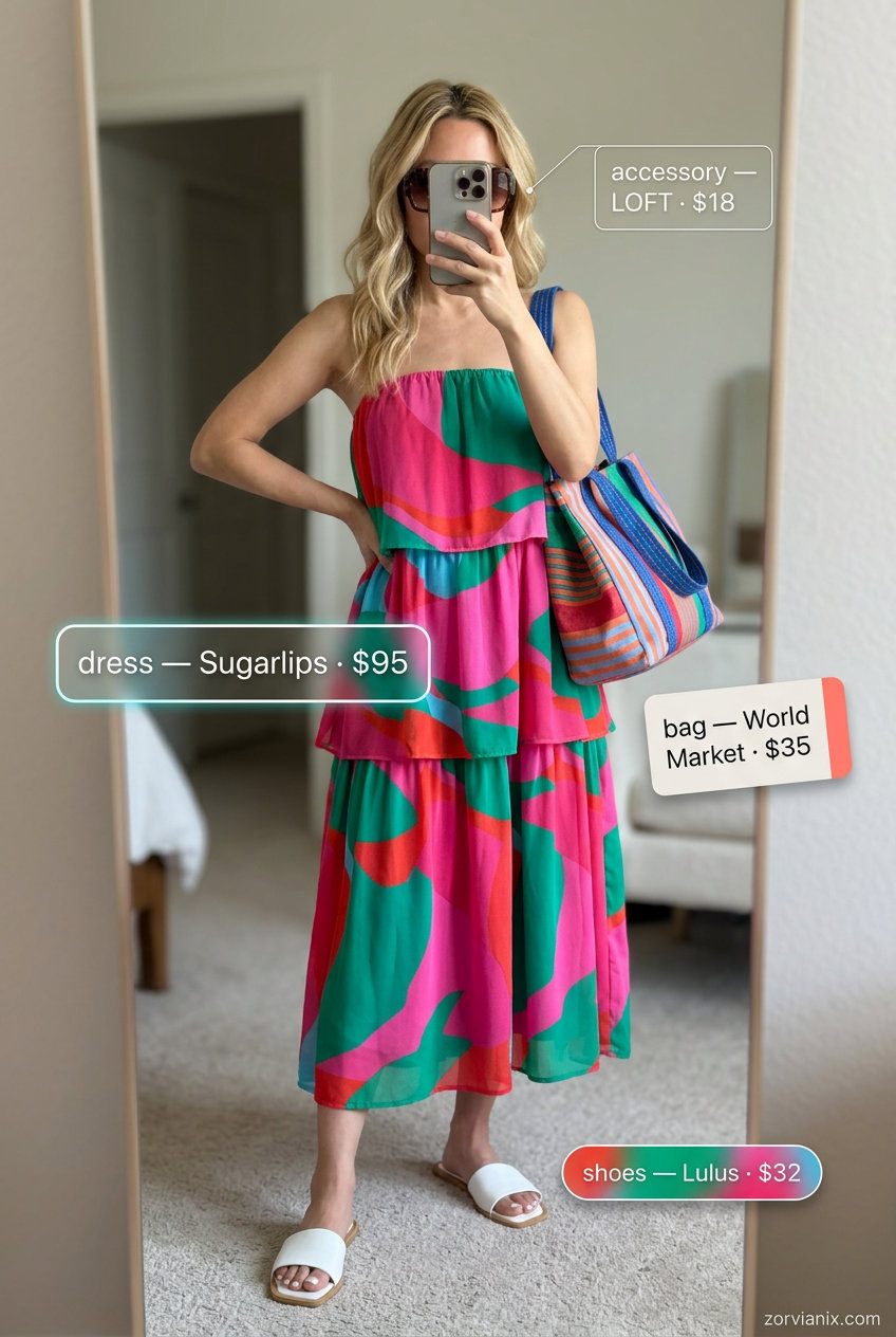 Vibrant Summer Tiered Dress Outfits for Women 2026: Abstract print maxi dress, striped tote, flat sandals & sunglasses.
