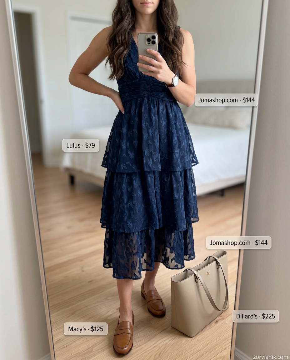 Polished navy blue tiered midi dress outfit for women, perfect for smart casual offices and city outings in 2026.