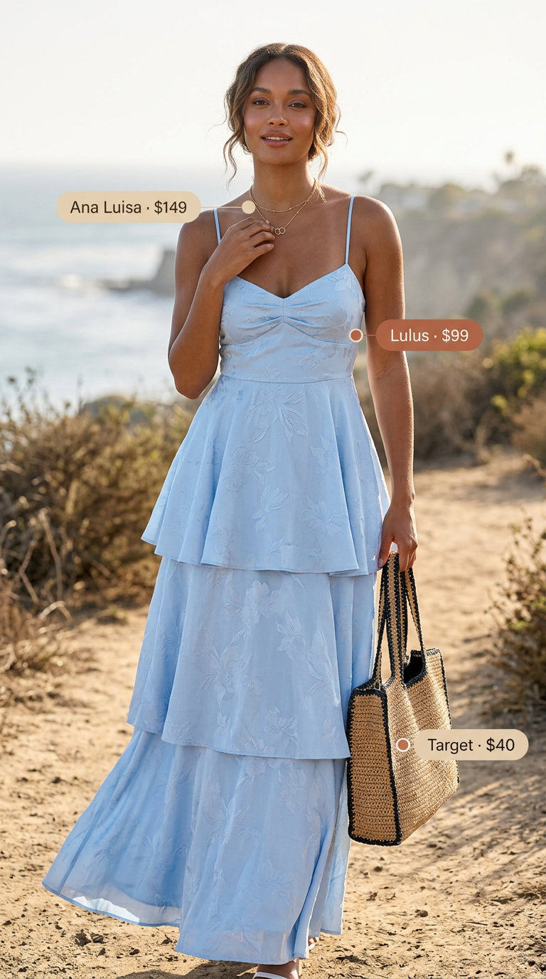 Relaxed sky blue tiered maxi dress outfit for women, perfect for beach vacations and summer brunches in 2026.